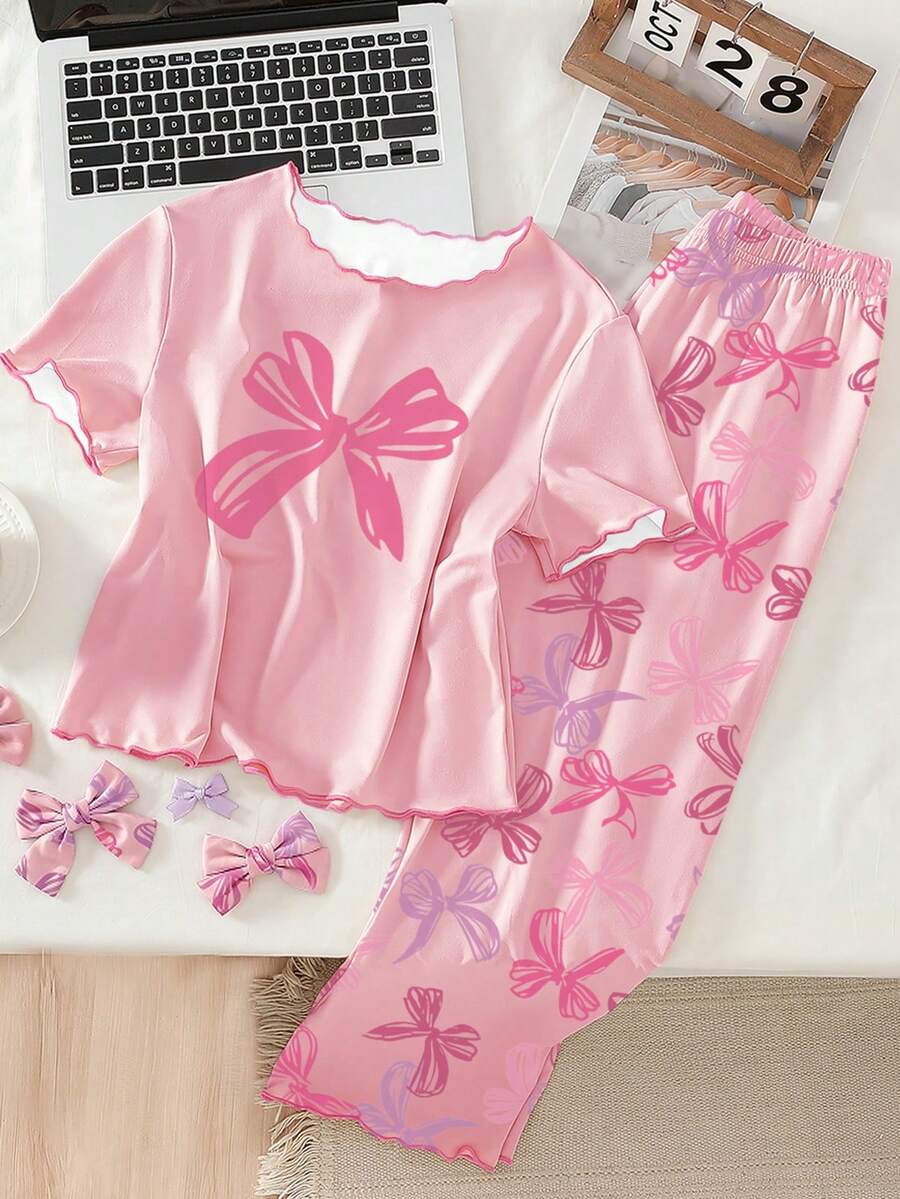 1 Set Teen Girls Pajamas, Minimalist Pink Base Bow Print Contrast Color Trim Short Sleeve & Long Pants Casual Sleepwear Set - Multicolor - View 1