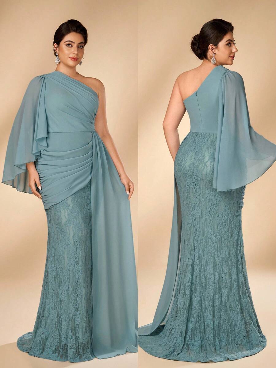 Serin Plus Size Elegant Glamorous Blue Lace Patchwork Chiffon One Shoulder Ruched Asymmetrical Ruffle Sleeve Fitted Mermaid Hem Formal Evening Gown For