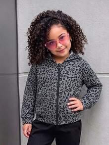 Elladie kids 女童休閒黑色豹紋長袖拉鍊連帽衛衣，經典豹紋連帽夾克，Y2K風格，街頭風，復古，開學季，秋冬休閒，女童休閒，秋冬，校園風，鄉村風，嘻哈風 - 黑色 - 查看 6