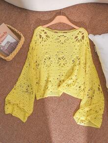 CosyJoli Plus Size Women Solid Color Crew Neck Hollow Out Long Sleeve Loose Pullover Sweater Fall - Yellow - View 3