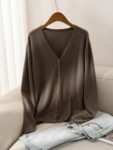 CosyJoli Women Plus Size Yellow Basic Cardigan, Solid Color Minimalist Casual Wear For Daily, For Spring Winter - Coffee Brown - View 1