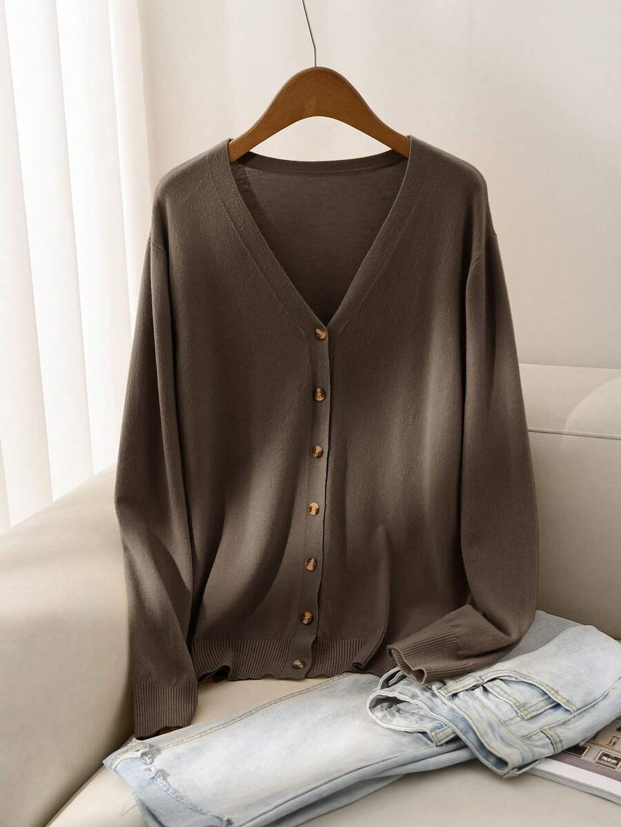 CosyJoli Women Plus Size Yellow Basic Cardigan, Solid Color Minimalist Casual Wear For Daily, For Spring Winter - Coffee Brown - View 1