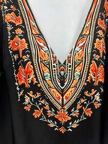 SHEIN LUNE CURVE Women's Bohemian Style Digital Print Loose Casual V-Neck Batwing Sleeve Blouse, Suitable For Outings And Vacations - Black - View 8