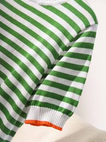 CosyJoli Plus Size Casual Striped Contrast Color Round Neck Short Sleeve Knit Top Fall/Winter - Green - View 7