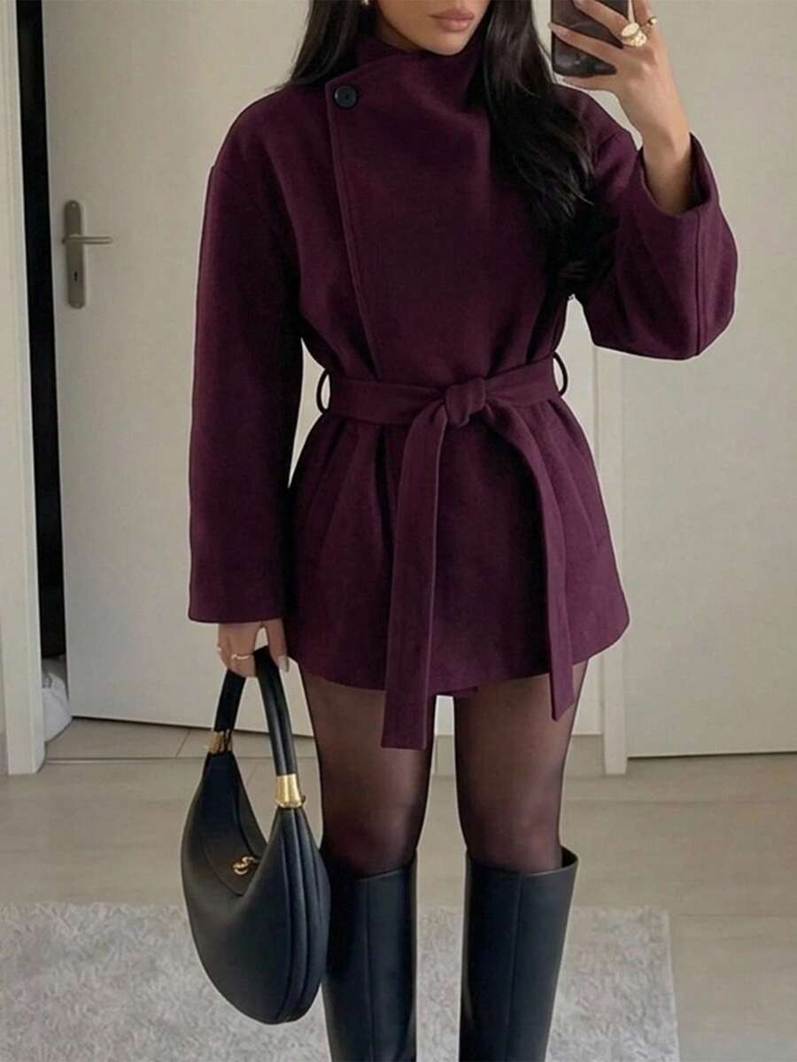 Aloruh Minimalist Commuter Versatile Plum Purple Lace-Up Stand Collar 2-In-1 Fitted Waist Long Sleeve Short Overcoat For Women - Red Violet - View 1