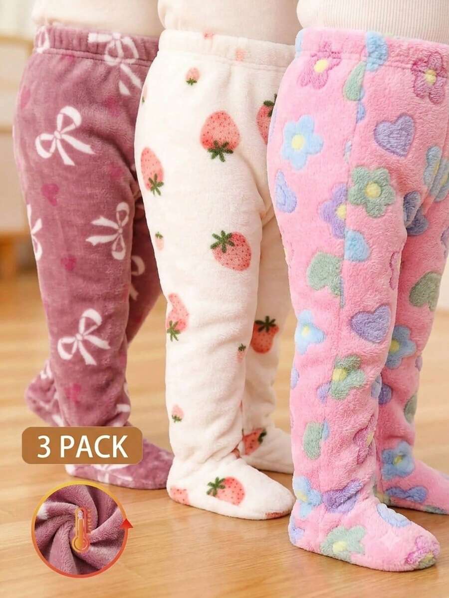 SHEIN 3件組女嬰冬季奶油色、淺粉色、粉色軟甜風草莓花蝴蝶結滿版印花鬆緊腰長褲，寬鬆直筒版型，適合日常穿著、戶外散步、拍照、家庭聚會、短途旅行