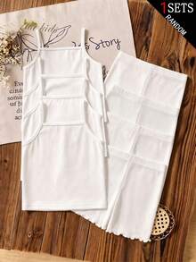 SHEIN (Random 1 Set) Young Gir Girls Toddler Underwear Camisole & Shorts Embroidered Cherry Comfortable Textured Fabric 2pcs - White - View 2