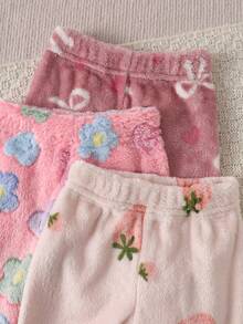 SHEIN 3件組女嬰冬季奶油色、淺粉色、粉色軟甜風草莓花蝴蝶結滿版印花鬆緊腰長褲，寬鬆直筒版型，適合日常穿著、戶外散步、拍照、家庭聚會、短途旅行 - 彩色 - 查看 5