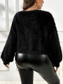 CosyJoli Plus Size Women's Plush Cropped Sweater Cardigan, Winter Fall Fall/Winter - Black - View 2