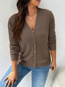 CosyJoli Women Plus Size Yellow Basic Cardigan, Solid Color Minimalist Casual Wear For Daily, For Spring Winter - Coffee Brown - View 8