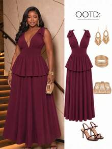 SHEIN LUNE Plus-Size Elegant Dress, V-Neck, Stretchy Waist, Multi-Layered Long Dress, Perfect For Parties And D - Burgundy - View 1