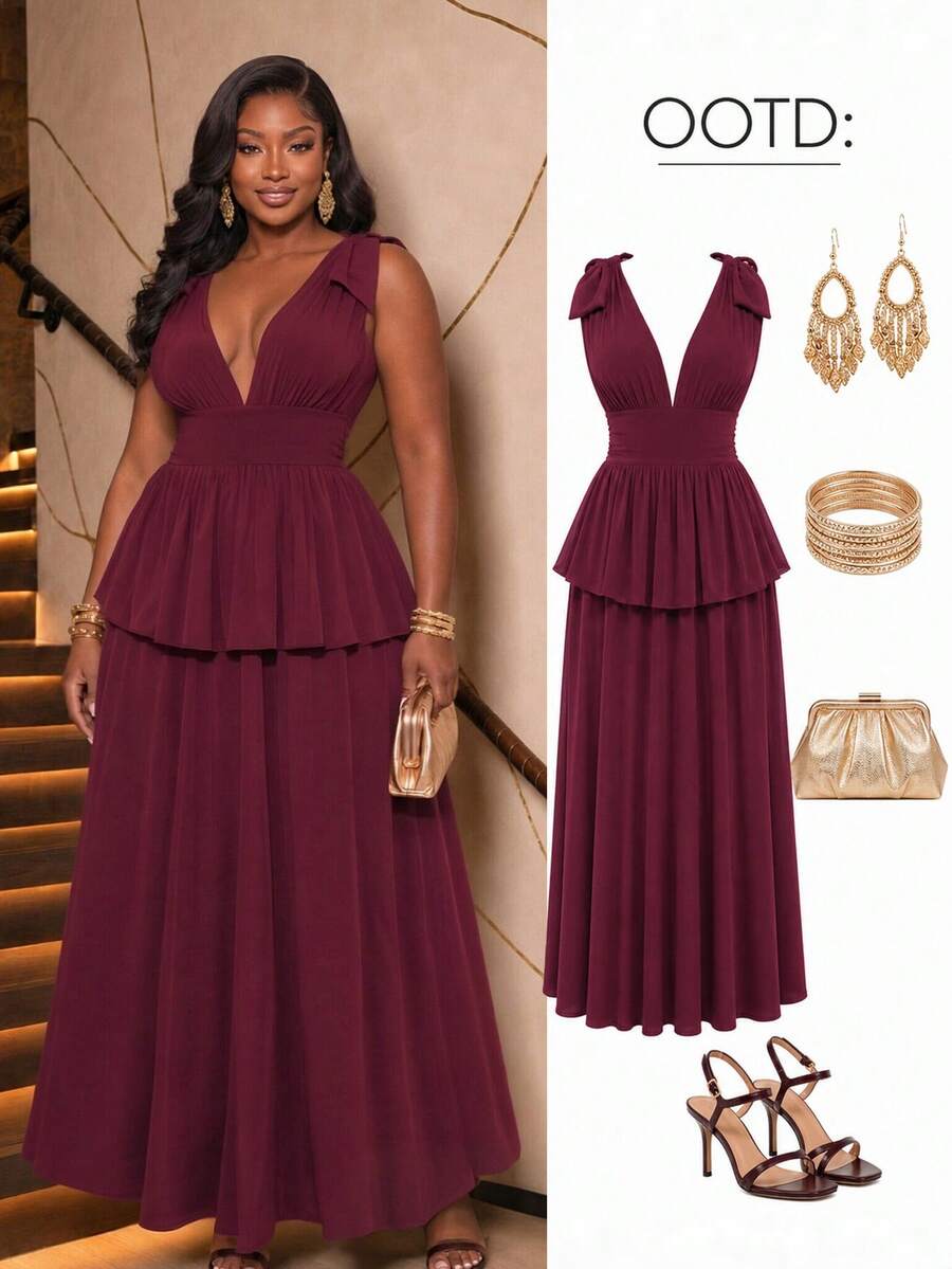 SHEIN LUNE Plus-Size Elegant Dress, V-Neck, Stretchy Waist, Multi-Layered Long Dress, Perfect For Parties And D - Burgundy - View 1