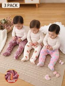 SHEIN 3件組女嬰冬季奶油色、淺粉色、粉色軟甜風草莓花蝴蝶結滿版印花鬆緊腰長褲，寬鬆直筒版型，適合日常穿著、戶外散步、拍照、家庭聚會、短途旅行 - 彩色 - 查看 4