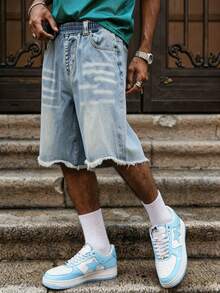 Manfinity EMRG Men's Young Street Style Light Blue Minimalist Frayed Hem Lightning Pattern Denim Shorts - Light Wash - View 6