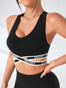 Gameset SHEIN Sport Women's Lettered Webbing Criss-Cross Design Daily Fitness Sports Bra - Black - View 9