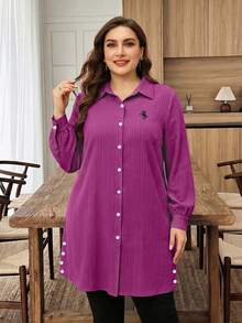 Lacomfia Plus Size Solid Color Long Sleeve Textured Fabric Casual Commute Embroidered Pony Long Shirt Fall - Red Violet - View 8