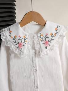 Elladie kids 女童白色蕾絲飾邊彼得潘領燒花花卉上衣，泡泡長袖配荷葉邊袖口，法式甜美風，百搭開學季疊穿上衣 - 白色 - 查看 7