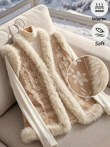 SHEIN Clasi 刺繡拼接毛領復古夾克，秋冬款 - 棕色 - 查看 11