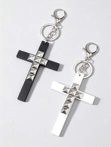 ROMWE Goth 2 Piezas Cruz Gótica Diablo, Llavero Punk Hip Hop Rock con Remaches, Colgante de Bolso, Unisex, Llavero para Parejas - Blanco y Negro-B - Ver 4