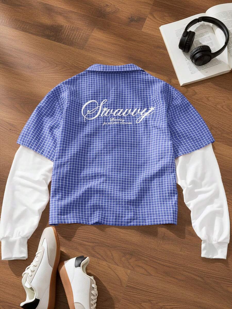 SWAVVY Men's Plaid & Letter Print Single-Breasted 2 In 1 Shirt - Blue - View 1