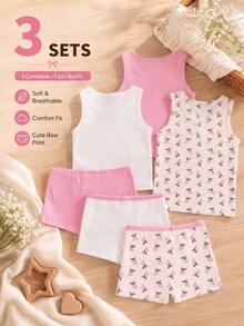 6pcs Soft Cute Bow Children's Growth Period Fitted Set Pink Winter White - Multicolor - View 2