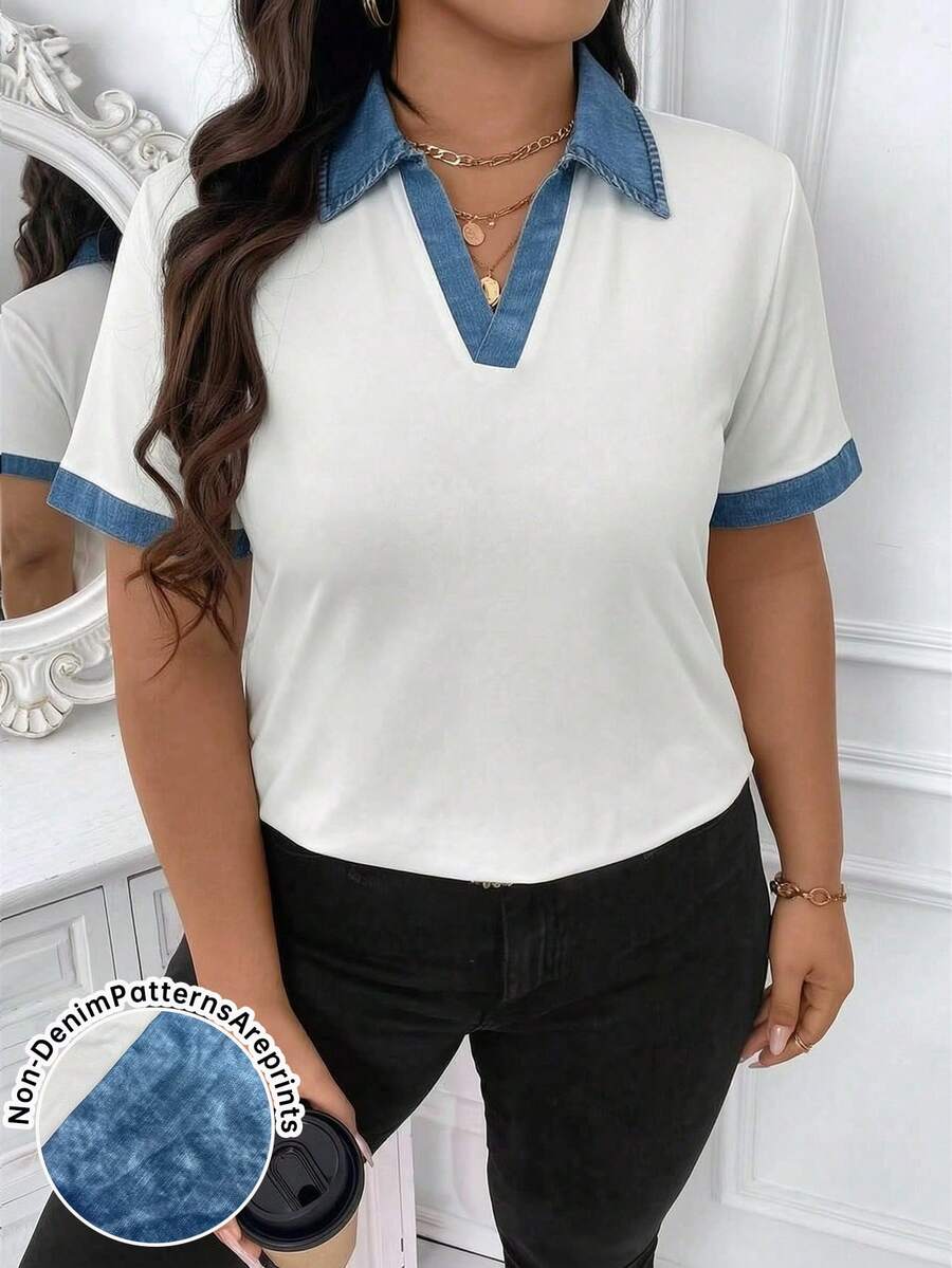 Elenzga 大尺碼休閒 1960s 1920s 風格拼色飾邊短袖 T-shirt 女款圖案上衣 適合學校大學約會 藍白配色 夏季 - 藍色 - 查看 1