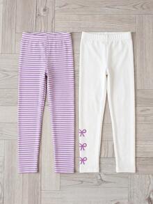 SHEIN 女童秋冬季抓絨內裡內搭褲2件套，四季新款素色組合針織高彈性簡約休閒舒適 - 彩色 - 查看 5