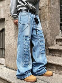 Manfinity EMRG Jeans de Mezclilla Desgastados Estilo Callejero Europeo & Americano a Juego para Parejas - Azul - Ver 4