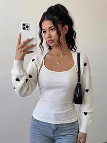 SHEIN 青少年女孩短版愛心刺繡休閒輕量開襟衫，百搭，返校季 - 白色 - 查看 8