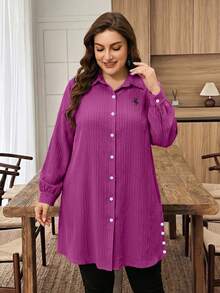 Lacomfia Plus Size Solid Color Long Sleeve Textured Fabric Casual Commute Embroidered Pony Long Shirt Fall - Red Violet - View 5