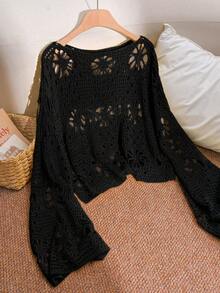 CosyJoli Plus Size Solid Color Hollow Knit Sweater Fall - Black - View 2