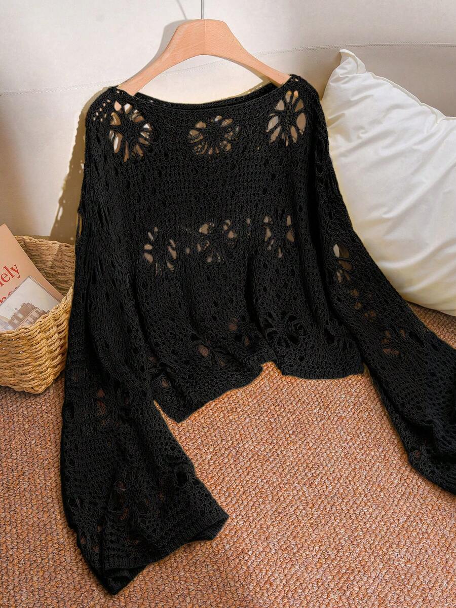 CosyJoli Plus Size Solid Color Hollow Knit Sweater Fall