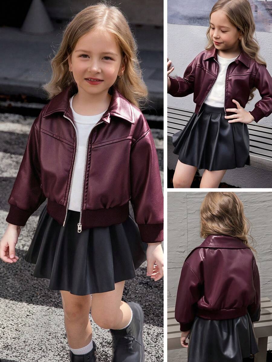 Elladie kids 年轻女孩的黑色 PU 皮革摩托车夹克，清爽的 PU 皮革材质，经典翻领设计，银色拉链，简约短款，甜美酷炫的氛围，秋冬