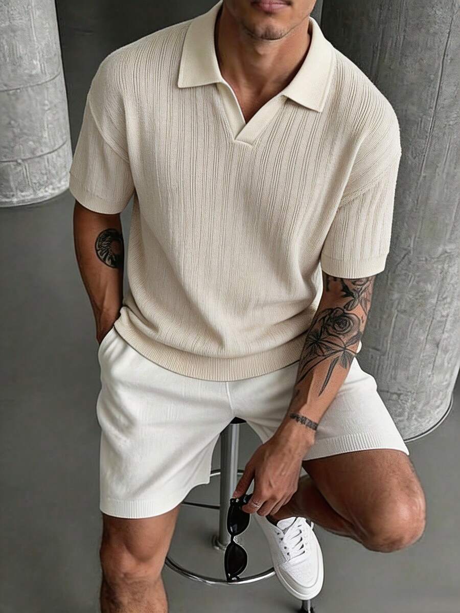 Manfinity LEGND Top de punto casual versátil de unicolor para uso diario para hombres - Albaricoque - Ver 1