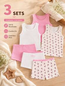 6pcs Soft Cute Bow Children's Growth Period Fitted Set Pink Winter White - Multicolor - View 1