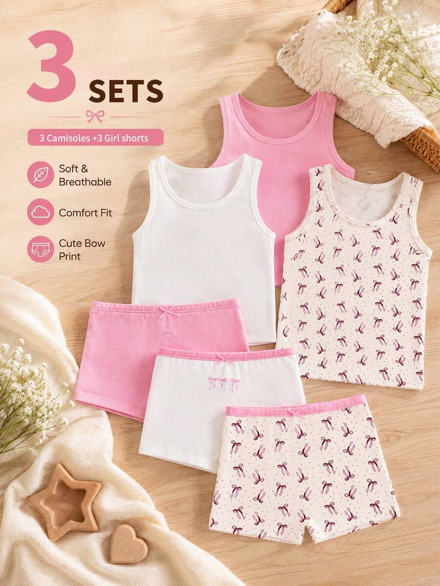 6pcs Soft Cute Bow Children's Growth Period Fitted Set Pink Winter White - Multicolor - View 1