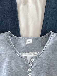 SHEIN Sparklyn Tween Girl Fall Tops Fall Button Half-Placket 2 In 1 Long Sleeve T-Shirt, Holiday Outfits, Casual, Comfortable - Grey - View 4