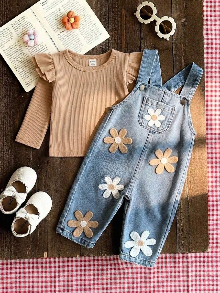SHEIN Vintaside Kids 2件組嬰兒男嬰女嬰中性款 0-3歲幼兒春秋紅色甜美風花卉刺繡牛仔長褲,圓領長袖套頭上衣搭配牛仔吊帶褲套裝,適合外出、購物、休閒穿著 - 咖啡棕 - 查看 1