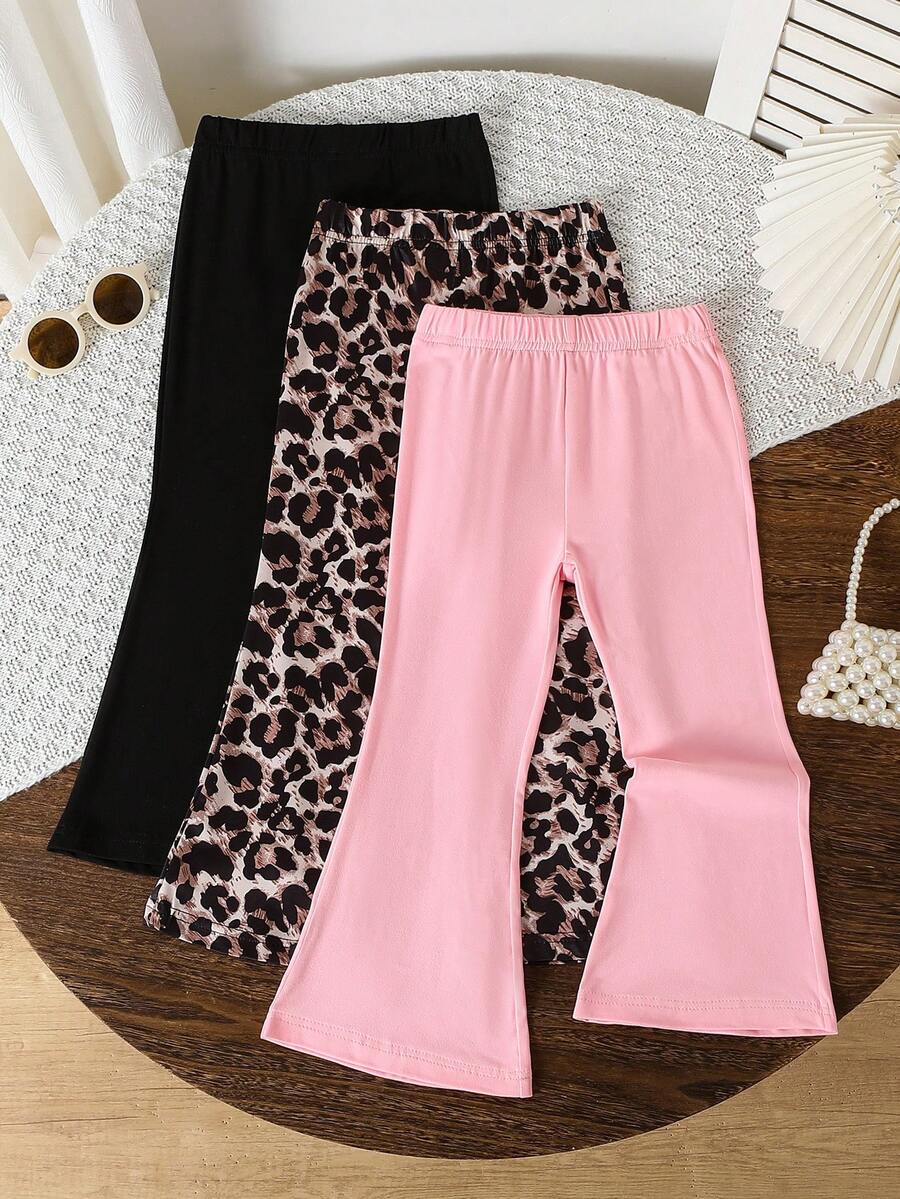 SHEIN Genkimix Kids 3件組女童幼兒喇叭褲 [黑色 + 豹紋 + 棕色] 休閒風格 & 甜酷造型，新款女童喇叭褲，彈性修身無腹部壓力，春/秋外套 / 冬季內著 - 彩色 - 查看 1