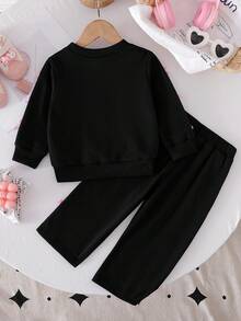 SHEIN Playful Pals 2pcs/Set Baby Girls Bow Decor Black Polka Dot Long Sleeve Top,Wide Leg Pants,Autumn,Cute Kawaii, Pink,Family Matching Fashionable Outfit - Black - View 2