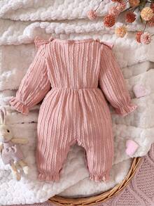 SHEIN Jumpsuit Bayi Perempuan dengan Hiasan Ruffle, Lengan Mengembang, dan Pita di Bagian Depan, Cocok untuk Musim Gugur. - Dusty Pink - View 2