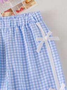 SHEIN Vintaside Kids 嬰兒女童秋冬針織圓領T恤套裝，小狗毛巾刺繡、針織滾邊、蝴蝶結、格紋印花長褲，運動時尚兩件套 - 藍色 - 查看 9