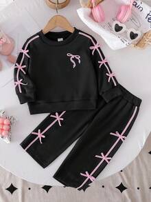 SHEIN Playful Pals 2pcs/Set Baby Girls Bow Decor Black Polka Dot Long Sleeve Top,Wide Leg Pants,Autumn,Cute Kawaii, Pink,Family Matching Fashionable Outfit - Black - View 8