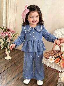 SHEIN Vintaside Kids 彼得潘領女嬰家庭套裝 優雅大方翻領長袖上衣與長褲套裝 秋季拍照用 藍白配色 - 彩色 - 查看 9