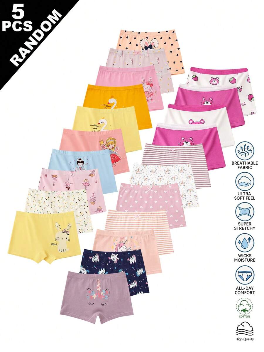 5 piezas aleatorias de bragas rosa bebé con estampado de caballo, conejo y elefante de dibujos animados para niña joven, invierno - Multicolor - Ver 1