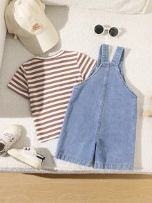 SHEIN Playful Pals 2-Piece Set Baby Boy Spring/Summer Brown White Denim Blue Colorblock Cute Teddy Bear Patchwork Overall Shorts And Striped Crew Neck Short Sleeve Top Outfit, Loose Straight Fit, Suitable For Daily Wear, Outdoor Strolling, First Birthday Photos, Family Gatherings, Short Trips - Brown - View 3
