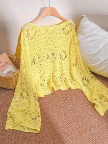 CosyJoli Plus Size Women Solid Color Crew Neck Hollow Out Long Sleeve Loose Pullover Sweater Fall - Yellow - View 2