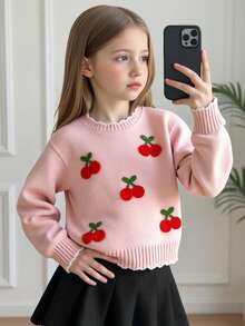 Fashionable Versatile Cute Cherry Pattern Girls Toddler Pullover Round Neck Sweater - Pink - View 9