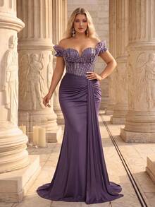 Glamrae Plus Size Elegant Purple Luxury Beaded Off Shoulder Exaggerated Neckline Waist Sheer Patchwork High Elastic Knit Mermaid Tail Heavy Embellished - Purple - View 8