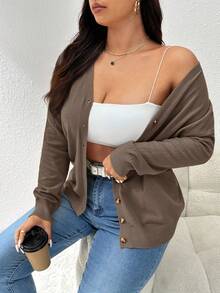 CosyJoli Women Plus Size Yellow Basic Cardigan, Solid Color Minimalist Casual Wear For Daily, For Spring Winter - Coffee Brown - View 7
